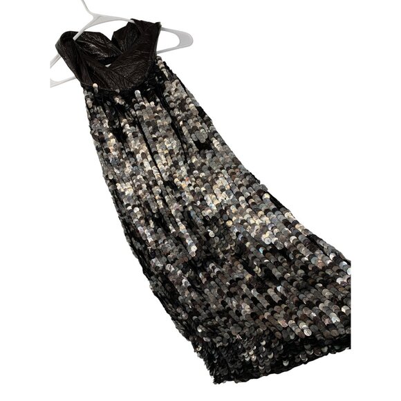 NWT Black Sequin Halter Dress Faux Leather Twist Neck By Poleci Size 0 Silk USA - Picture 9 of 12